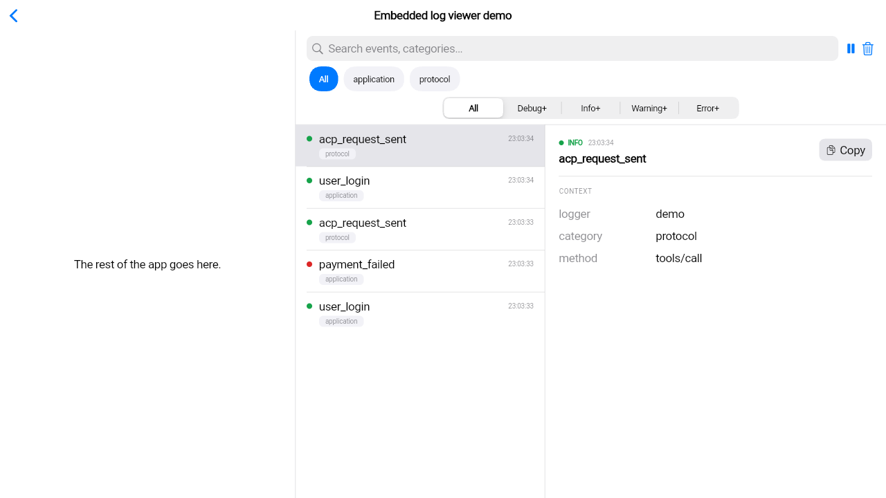 CupertinoLogViewer docked as a 2 side panel next to placeholder app content, showing the same log list and detail view