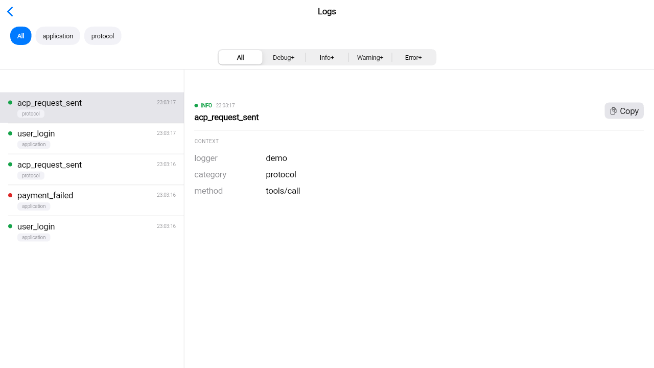 CupertinoLogViewerPage: a live list of log entries with colored level dots on the left, a search field and category/level filters above it, and the selected entry’s full context with a copy action on the right