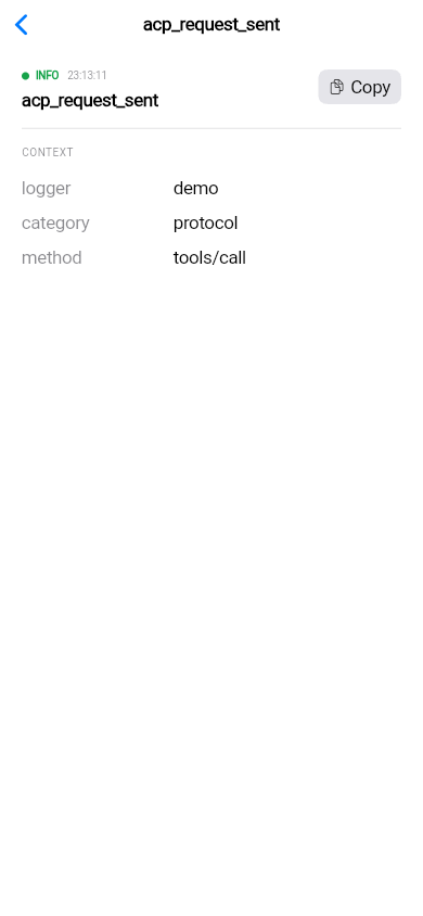 CupertinoLogViewerPage on a narrow, phone-width screen: the tapped entry pushed as its own screen, with a back chevron, the entry’s title in the navigation bar, its full context, and a copy action
