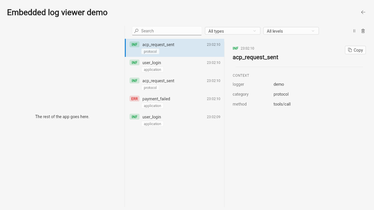 FluentLogViewer docked as a 2 side panel next to placeholder app content, showing the same log list and detail view