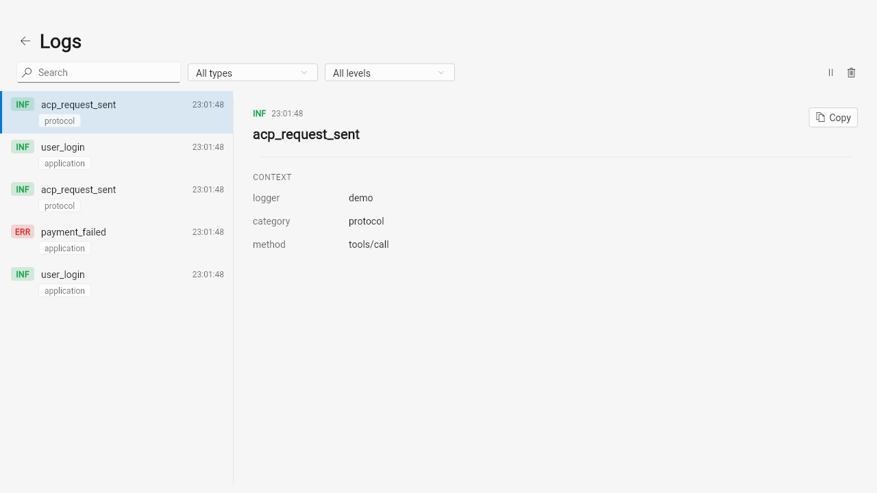 FluentLogViewerPage: a live list of log entries with colored level badges on the left, a search field and category/level ComboBox filters above it, and the selected entry’s full context with a copy action on the right