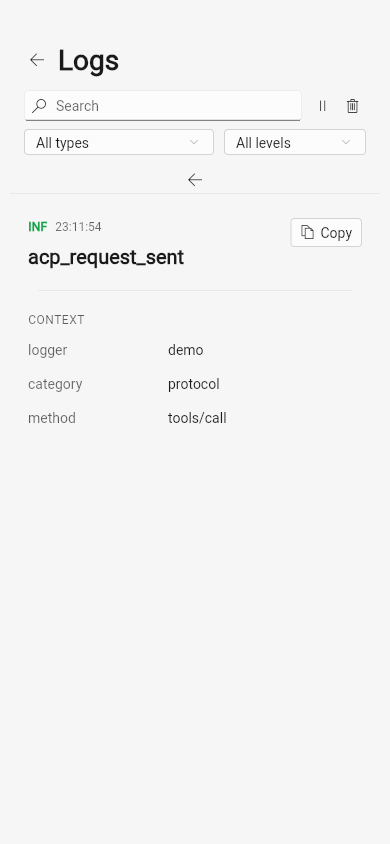 FluentLogViewerPage on a narrow, phone-width screen: the toolbar wrapped onto two rows above, and the list replaced by the tapped entry’s full context with a back link and a copy action