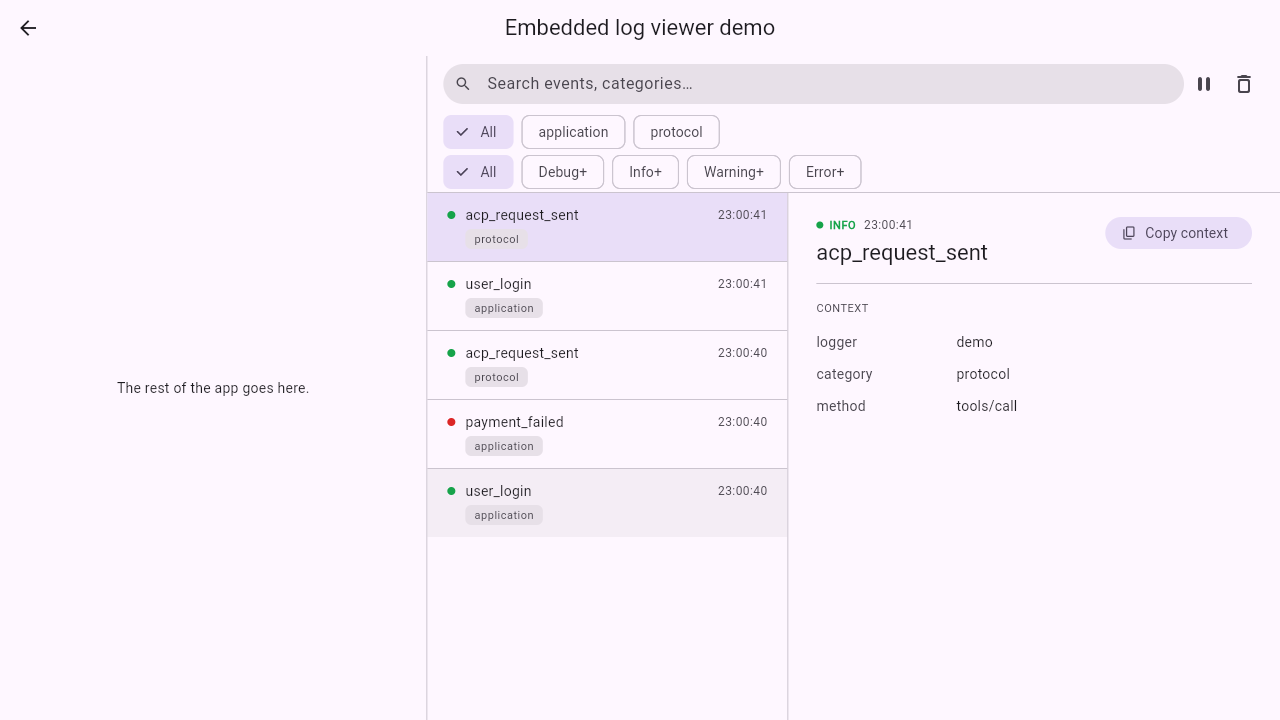 MaterialLogViewer docked as a 2 side panel next to placeholder app content, showing the same log list and detail view