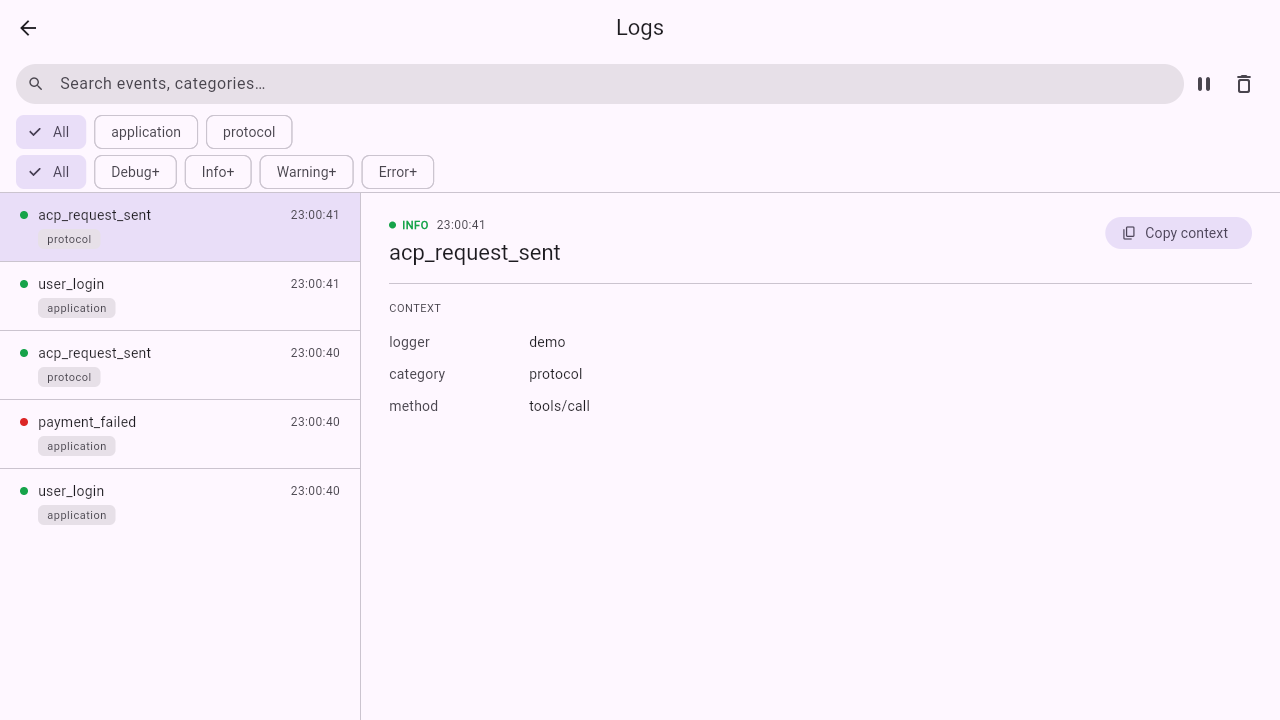 MaterialLogViewerPage: a live list of log entries on the left, filter chips and level filters above it, and the selected entry’s full context with a copy action on the right