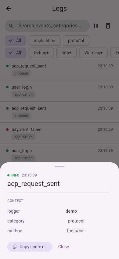 MaterialLogViewerPage on a narrow, phone-width screen: the log list with a bottom sheet open on top, dimming the list behind it, showing the tapped entry’s full context and a copy action