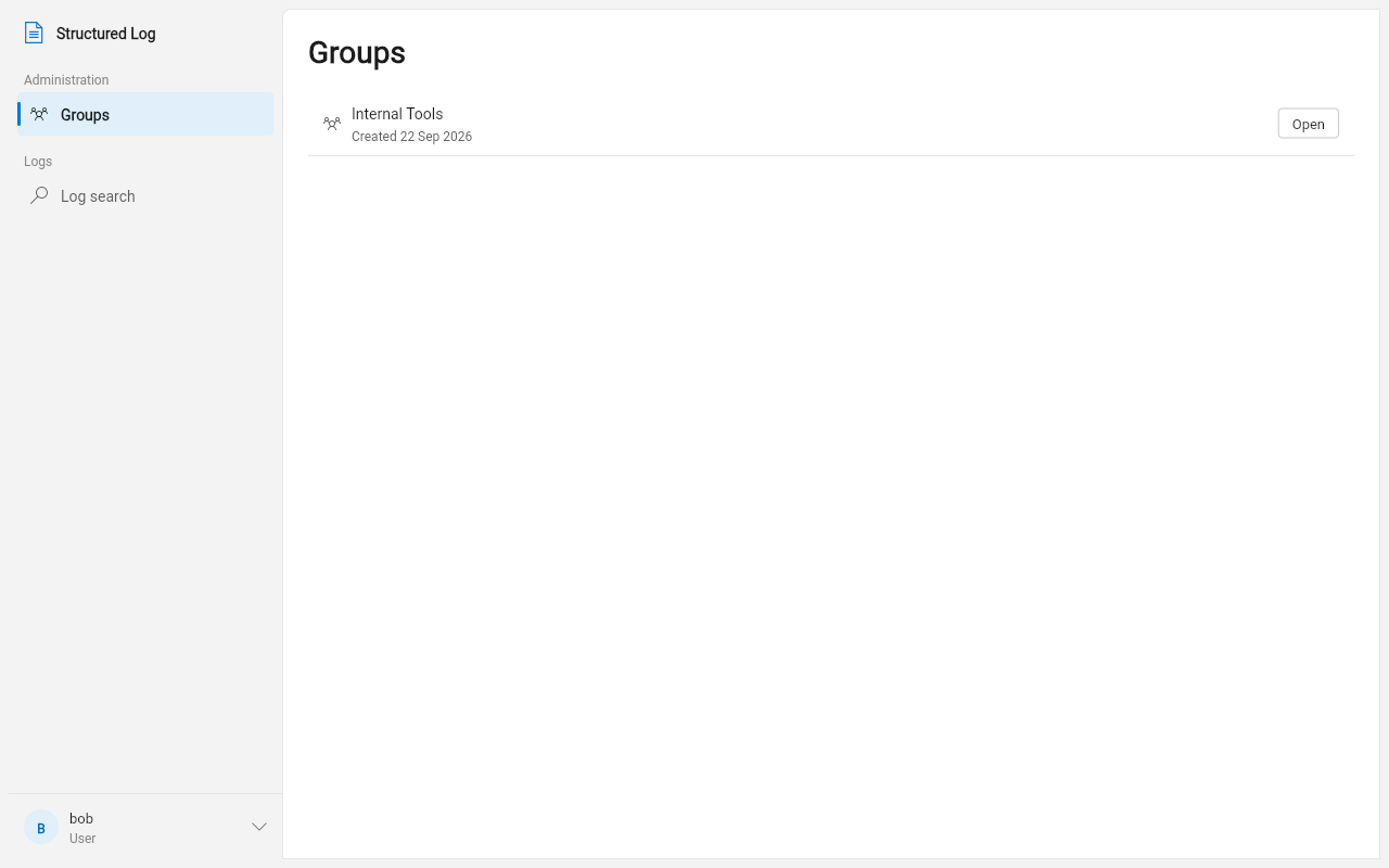 The navigation a plain “user” role sees: Groups (with access to one group and, separately, one directly granted project) and Log search — no Users, Audit, or Dashboard