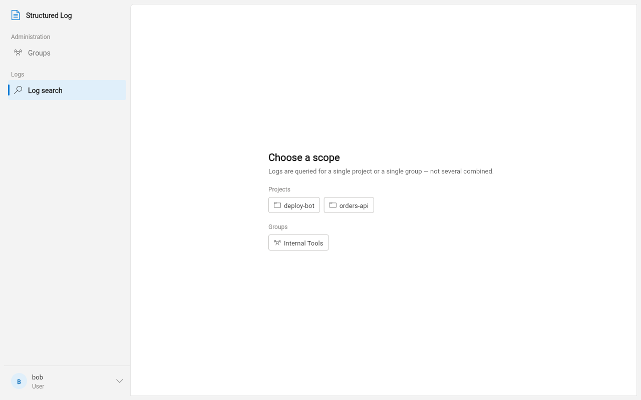 Choosing a scope before searching: the projects and groups this account can read from