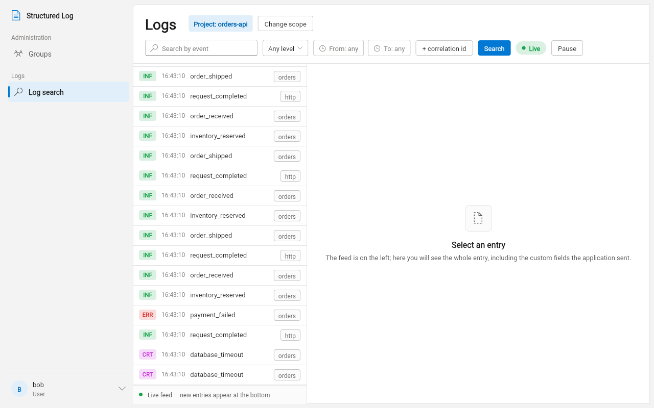 The log feed for a project: level badges, event names, and which part of the application logged each entry
