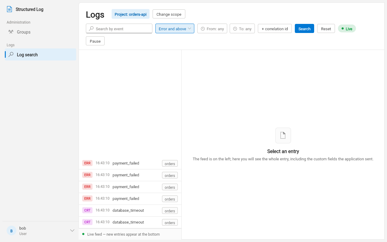 The same feed narrowed to “Error and above” — only the entries that actually need attention