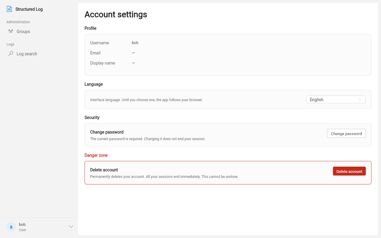 Account settings: profile, the language switcher, changing your own password, and account deletion