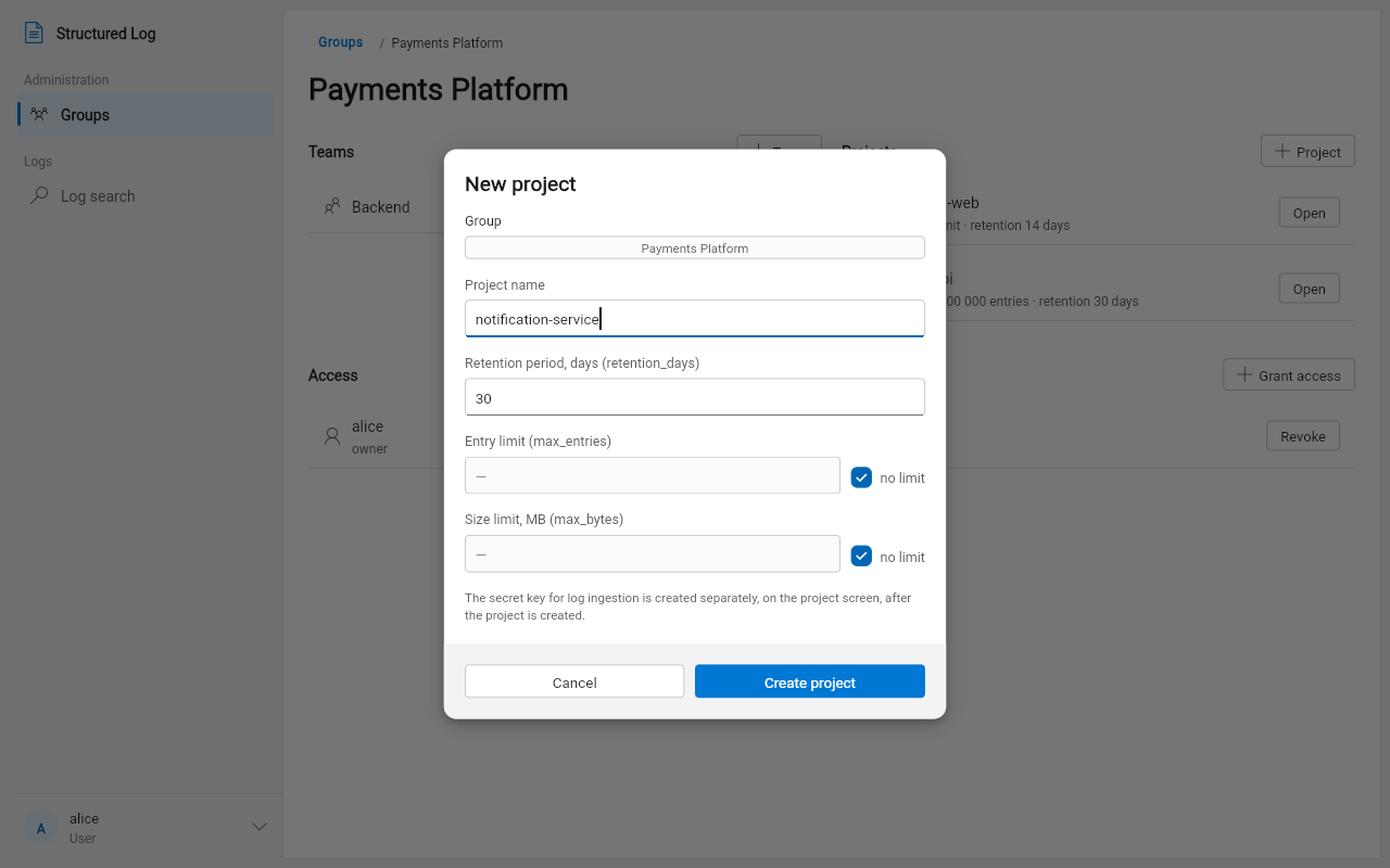 The “New project” dialog: name, retention period, and optional entry/size caps