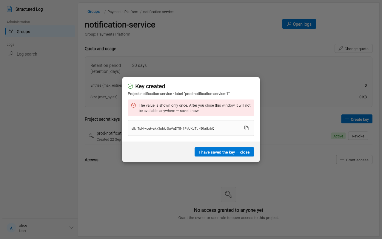 A newly created secret key, shown exactly once, with an explicit warning and a copy button