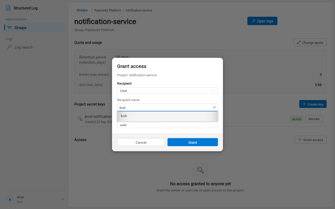 The “Grant access” dialog, with a username autocomplete open below the recipient field