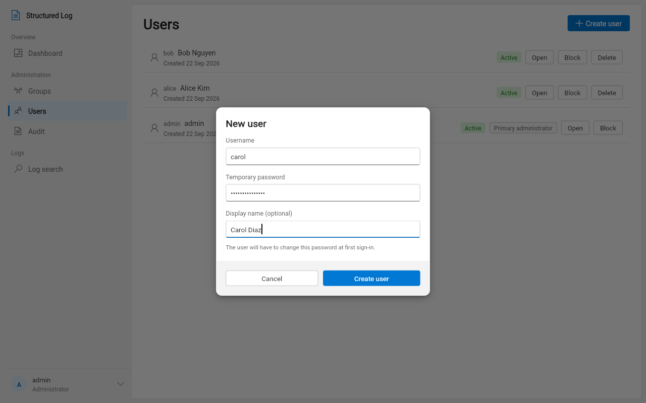 The “New user” dialog, filled in