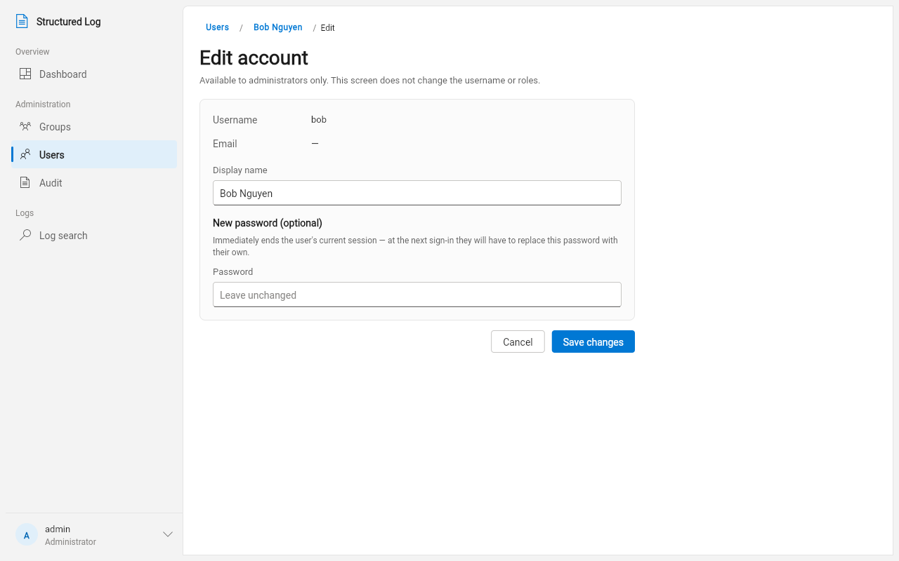 The “Edit account” screen — resetting a password here always forces the user to replace it at next sign-in