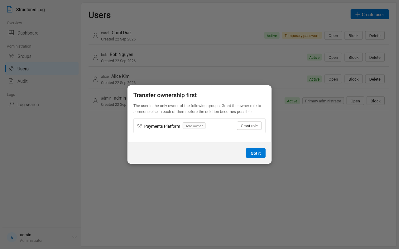 Attempting to delete the sole owner of a group: the app names the blocking group and offers to grant its ownership to someone else first
